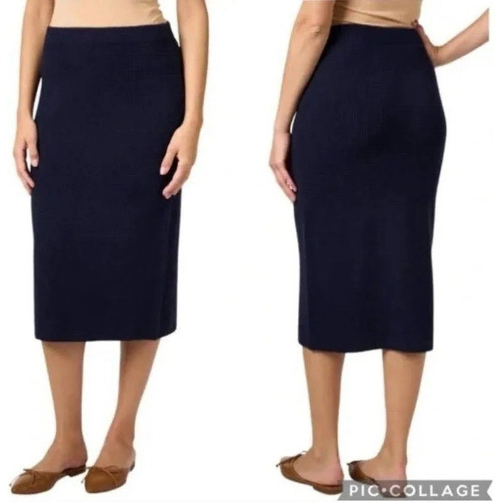 Vince NWT Navy Blue Ribbed Fitted Pencil Midi Skirt Office V566583114 sz XS